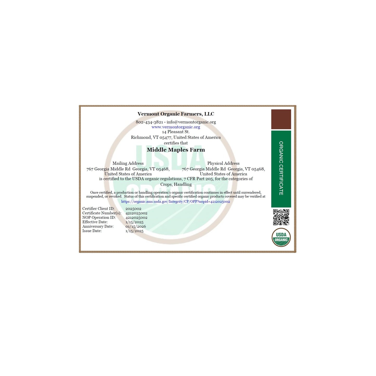 Middle Maples Farm Organic Certificate