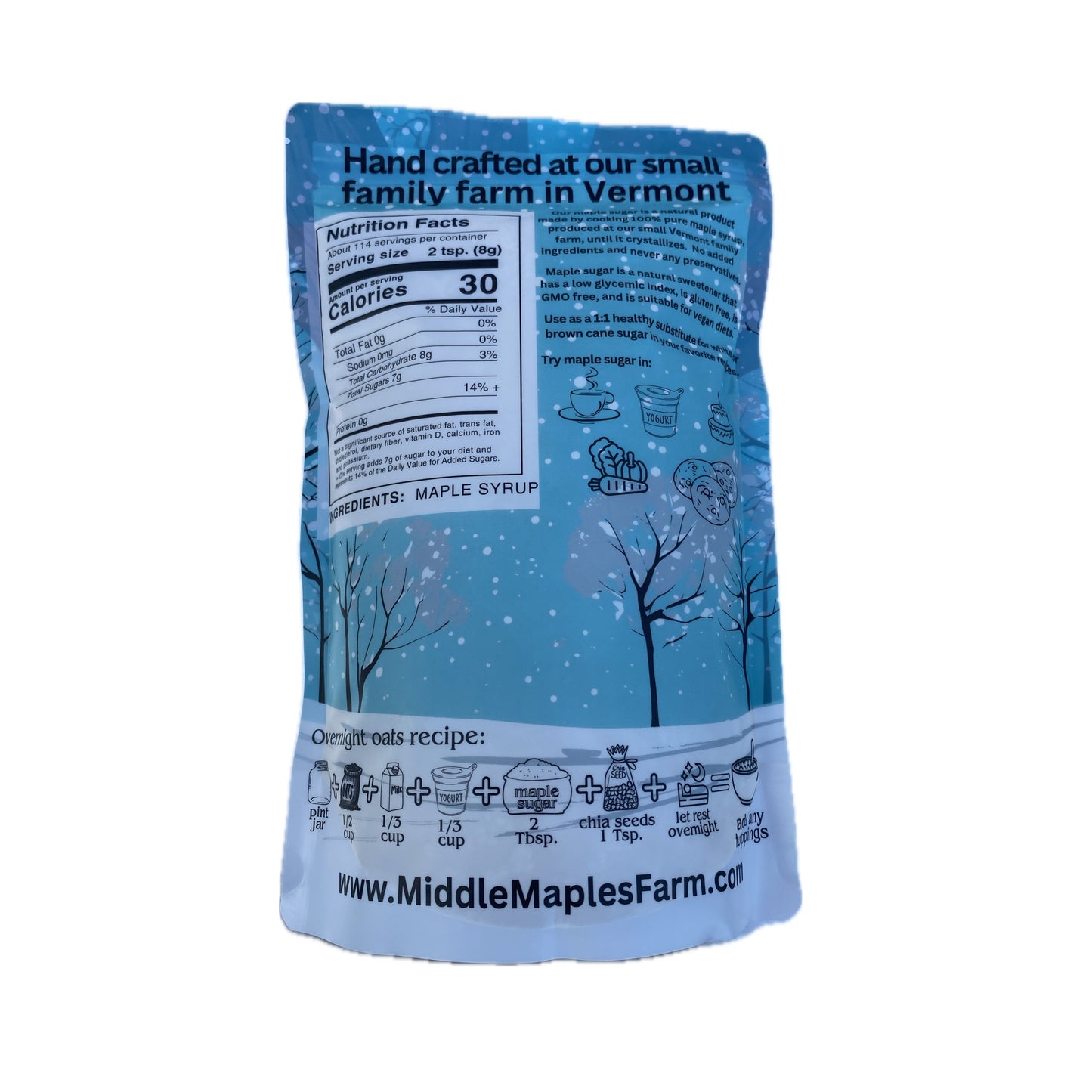 Middle Maples Farm Organic Maple Sugar, 2lb pouch back view