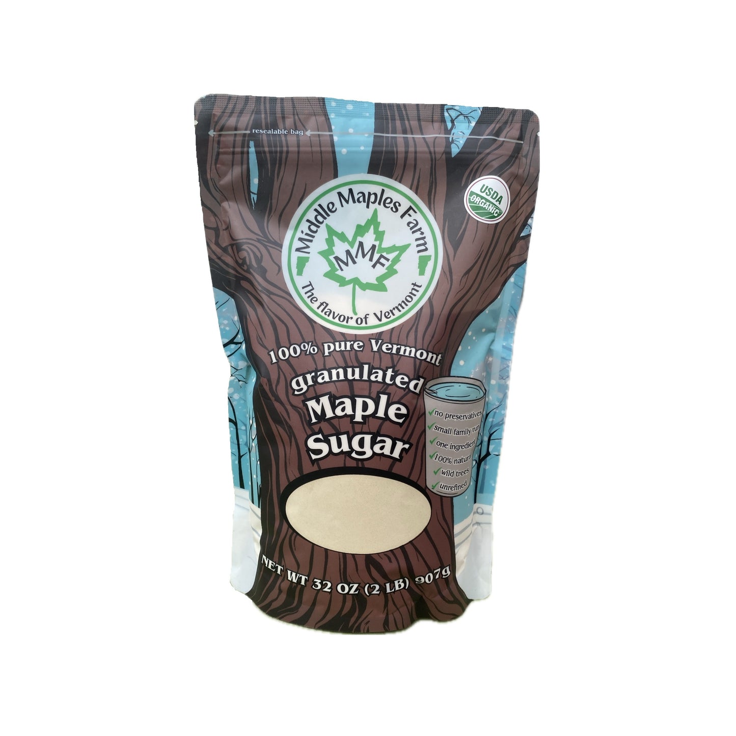 Middle Maples Farm Organic Maple Sugar, 2lb pouch front view