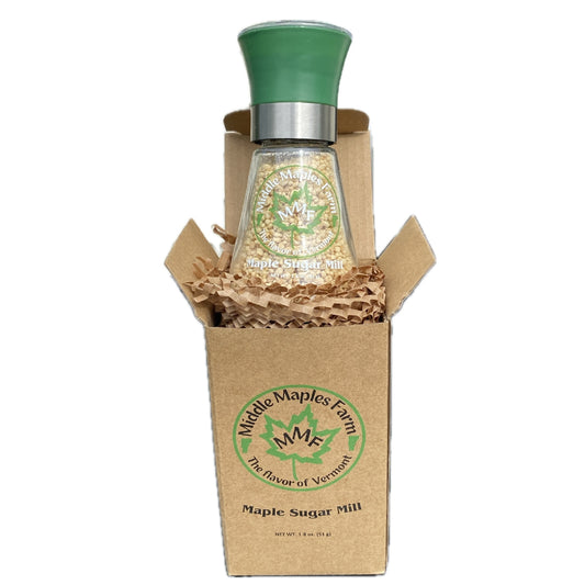 Middle Maples Farm Organic Maple Sugar Mill, 1.8oz hand grinder mill front view with eco friendly packaging