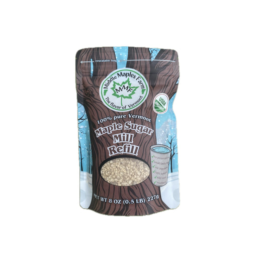 Middle Maples Farm Organic Maple Sugar Mill Refill, 8oz resealable pouch front view